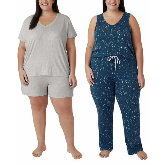 Eddie Bauer Women's 4-Piece Lounge Pajama Set Shirt Tank Top Shorts Pants Sleepwear Loungewear Gray/Blue Star