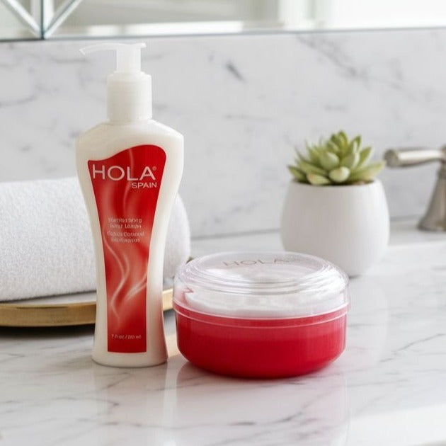 Hola Spain Skincare Set: 5 oz Perfumated Cornstarch Dusting Powder & 7 oz Moisturizing Hand & Body Lotion