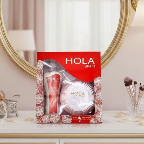 Hola Spain Skincare Set: 5 oz Perfumated Cornstarch Dusting Powder & 7 oz Moisturizing Hand & Body Lotion
