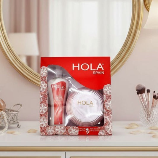 Hola Spain Skincare Set: 5 oz Perfumated Cornstarch Dusting Powder & 7 oz Moisturizing Hand & Body Lotion