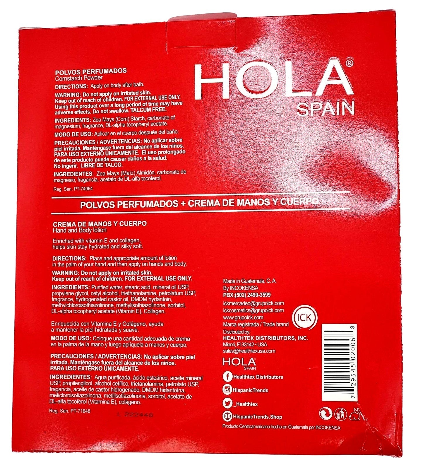Hola Spain Skincare Set: 5 oz Perfumated Cornstarch Dusting Powder & 7 oz Moisturizing Hand & Body Lotion
