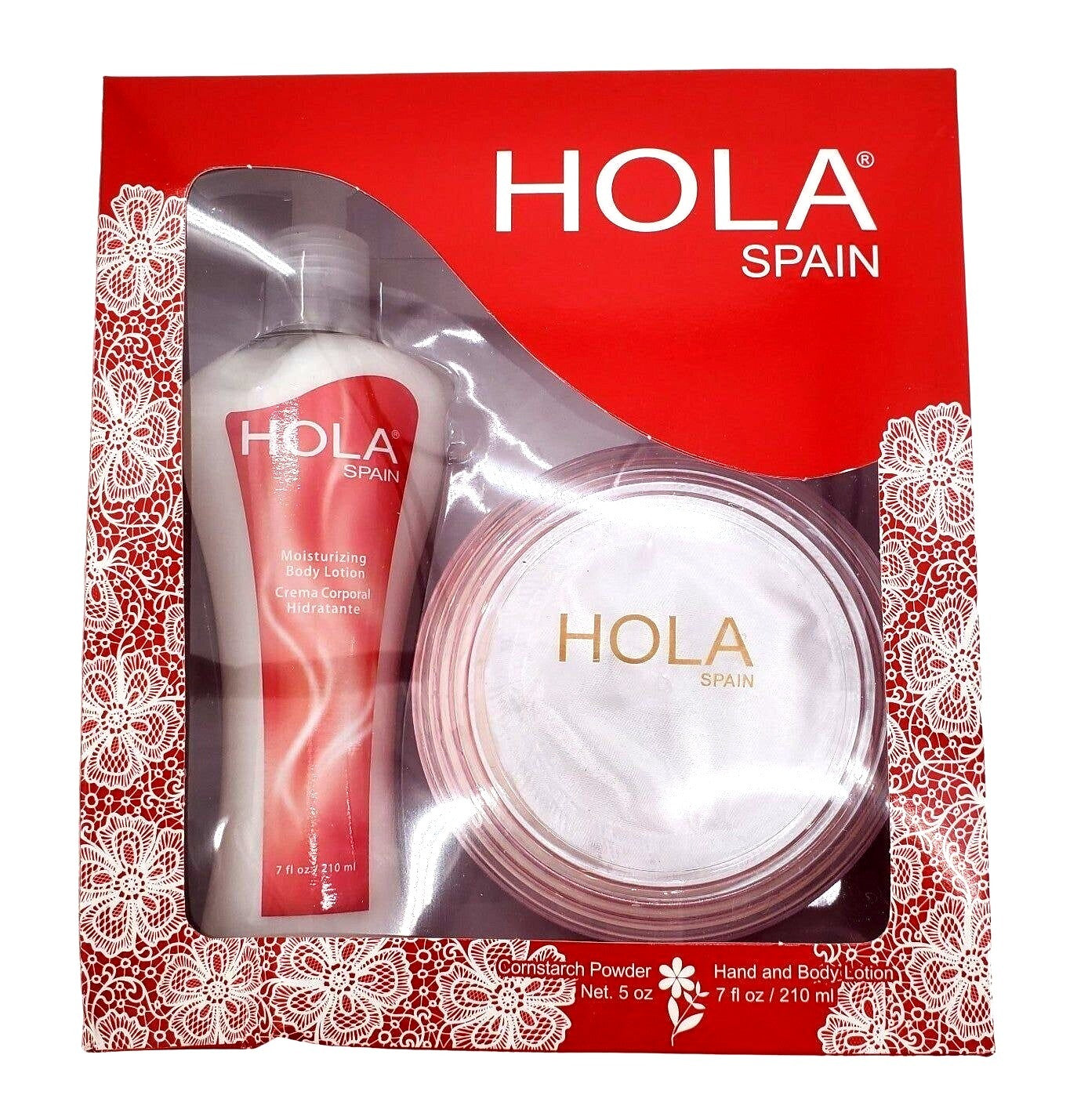 Hola Spain Skincare Set: 5 oz Perfumated Cornstarch Dusting Powder & 7 oz Moisturizing Hand & Body Lotion