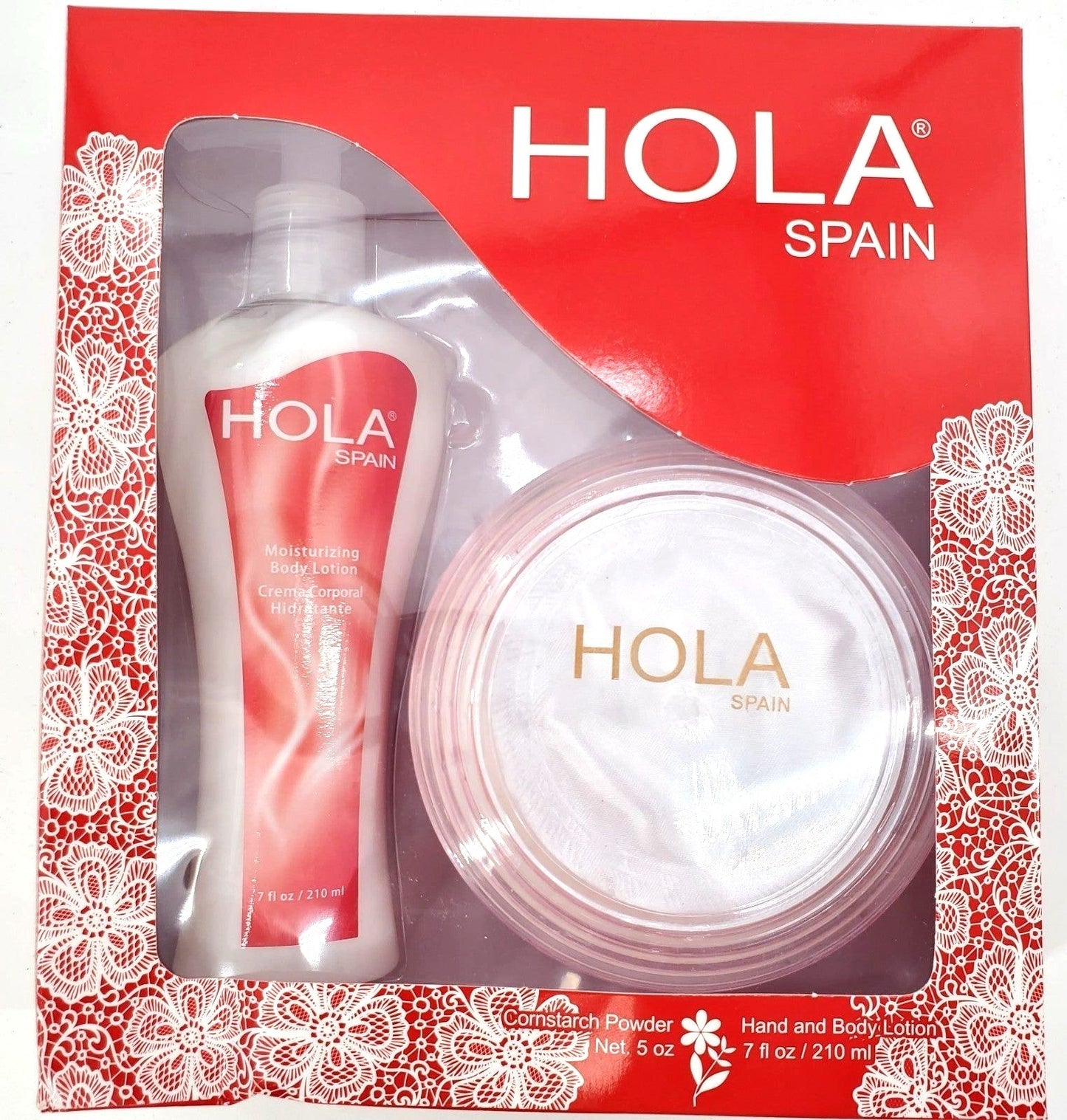 Hola Spain Skincare Set: 5 oz Perfumated Cornstarch Dusting Powder & 7 oz Moisturizing Hand & Body Lotion