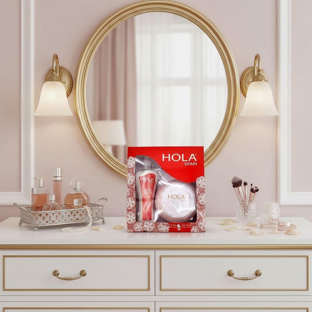 Hola Spain Skincare Set: 5 oz Perfumated Cornstarch Dusting Powder & 7 oz Moisturizing Hand & Body Lotion