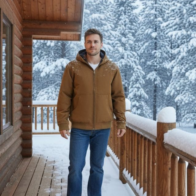 Woolrich Men's Canvas Hooded Jacket Plaid Kangaroo Pocket Zipper Hoodie Brown