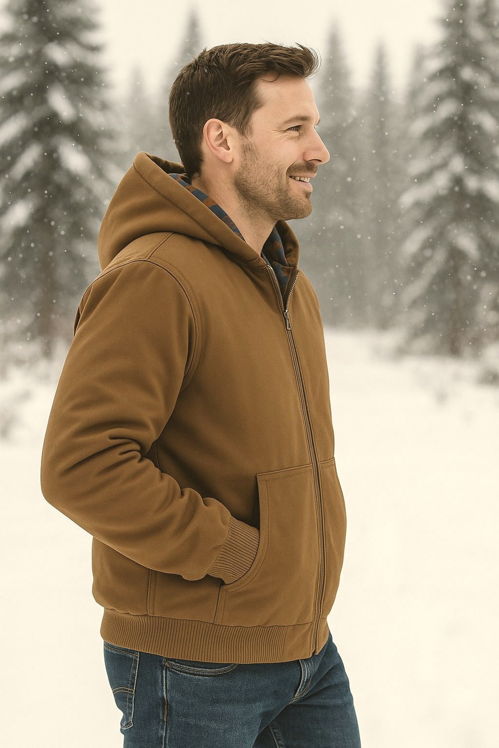 Woolrich Men's Canvas Hooded Jacket Plaid Kangaroo Pocket Zipper Hoodie Brown