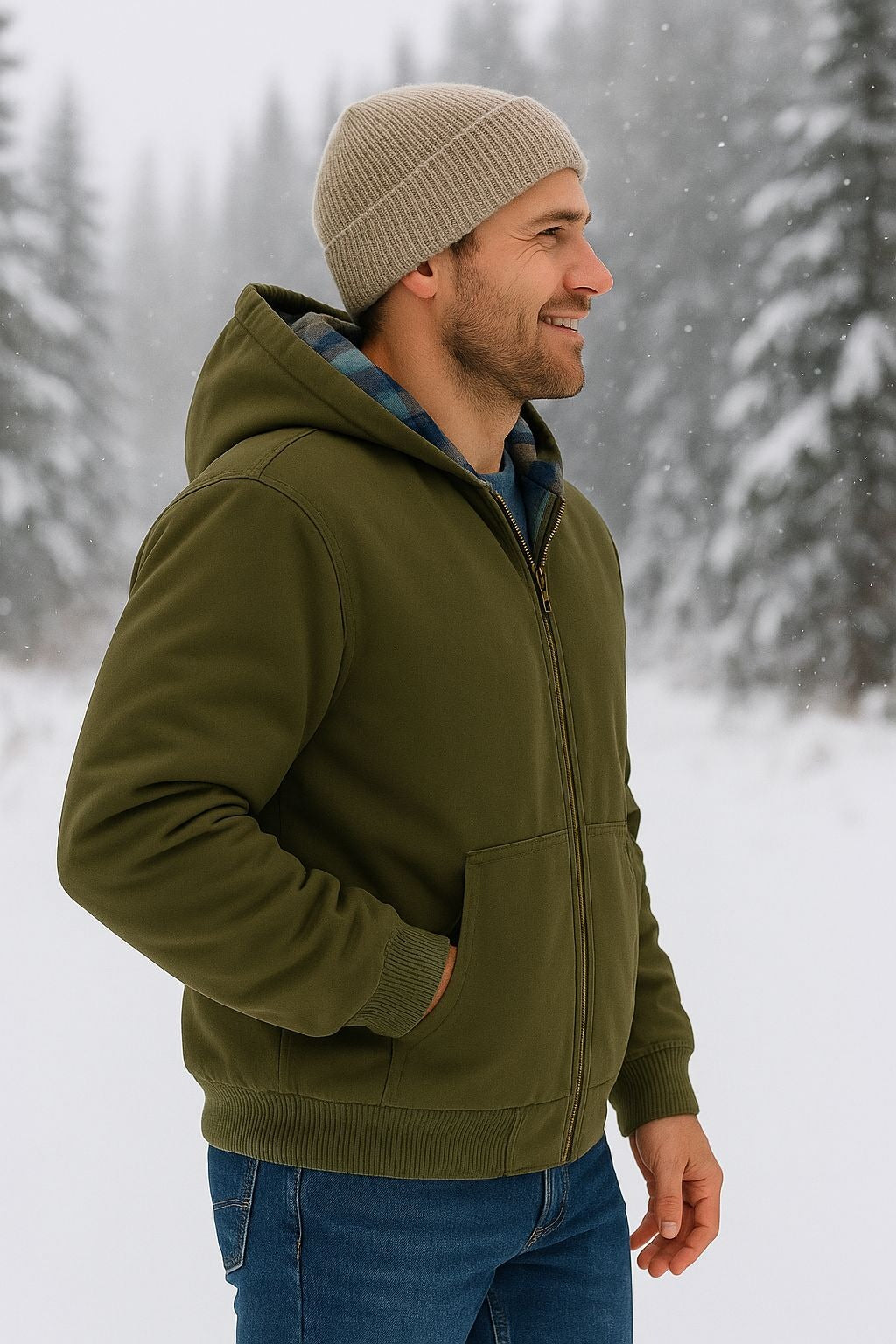 Woolrich Men's Canvas Hooded Jacket Plaid Kangaroo Pocket Zipper Hoodie Green