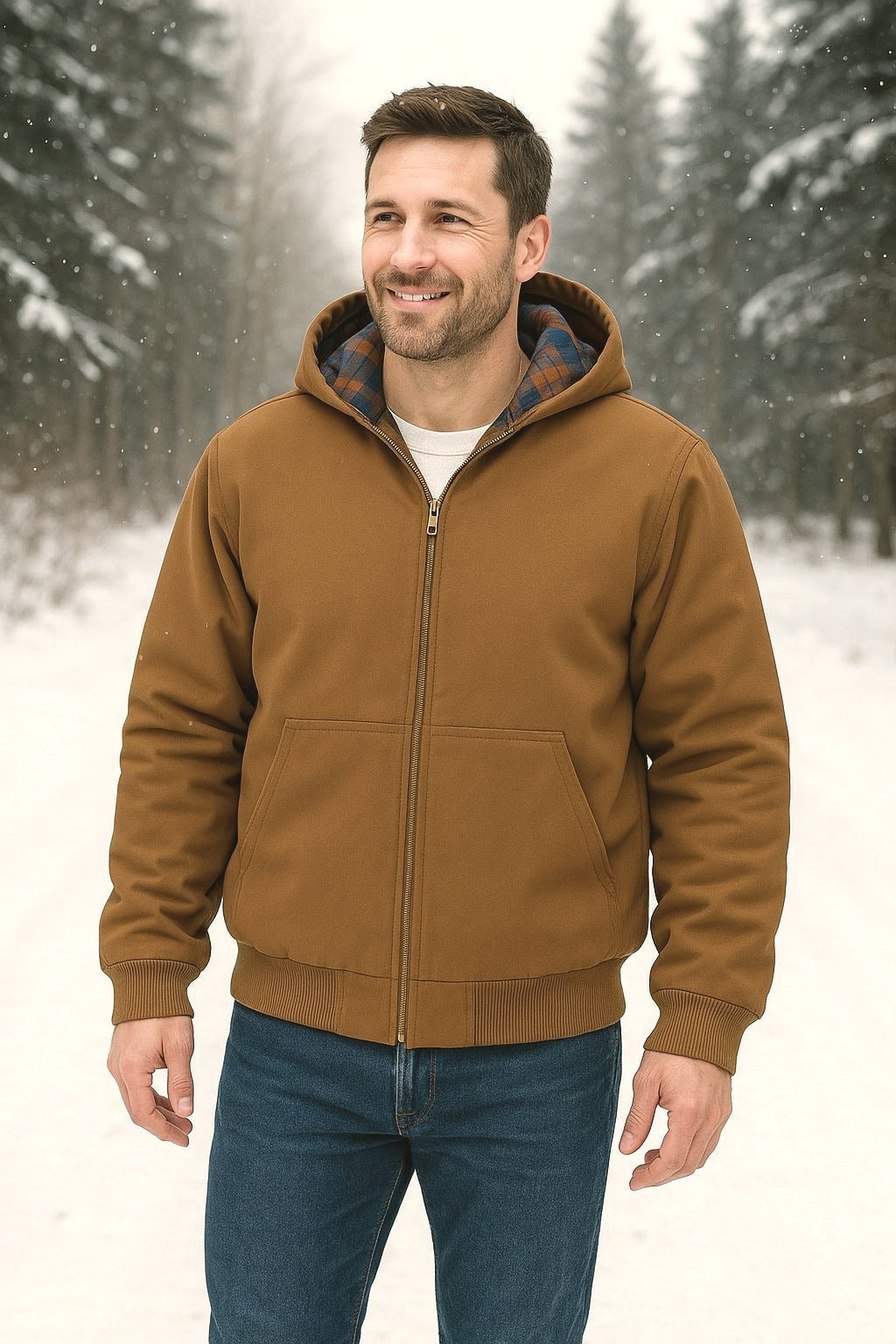 Woolrich Men's Canvas Hooded Jacket Plaid Kangaroo Pocket Zipper Hoodie Brown