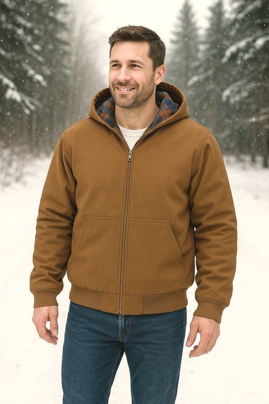 Woolrich Men's Canvas Hooded Jacket Plaid Kangaroo Pocket Zipper Hoodie Brown