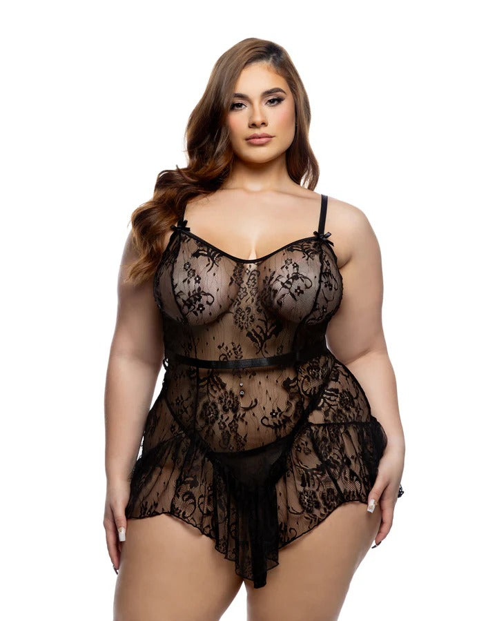 Floral Stretch Lace Lingerie Slip Mini Dress Satin Trim Bow Handkerchief Hem Sleepwear