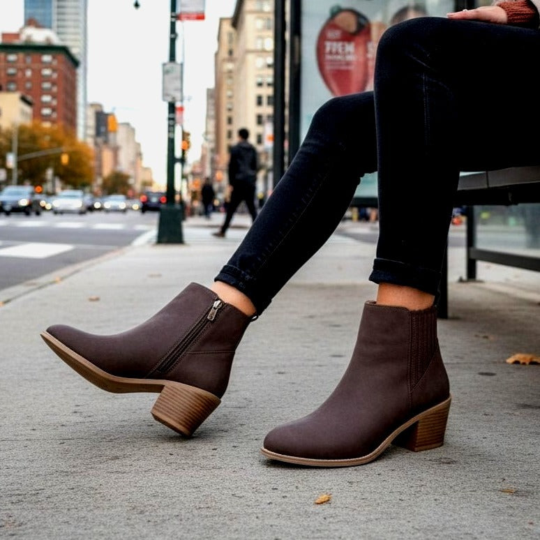 Draper James Womens Elle Bootie Chunky Stacked Heel Zip-up Ankle Boots Brown