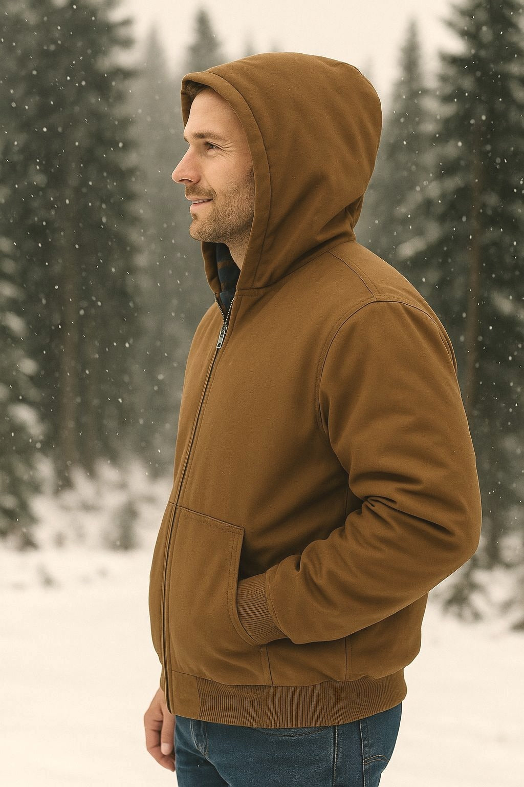 Woolrich Men's Canvas Hooded Jacket Plaid Kangaroo Pocket Zipper Hoodie Brown