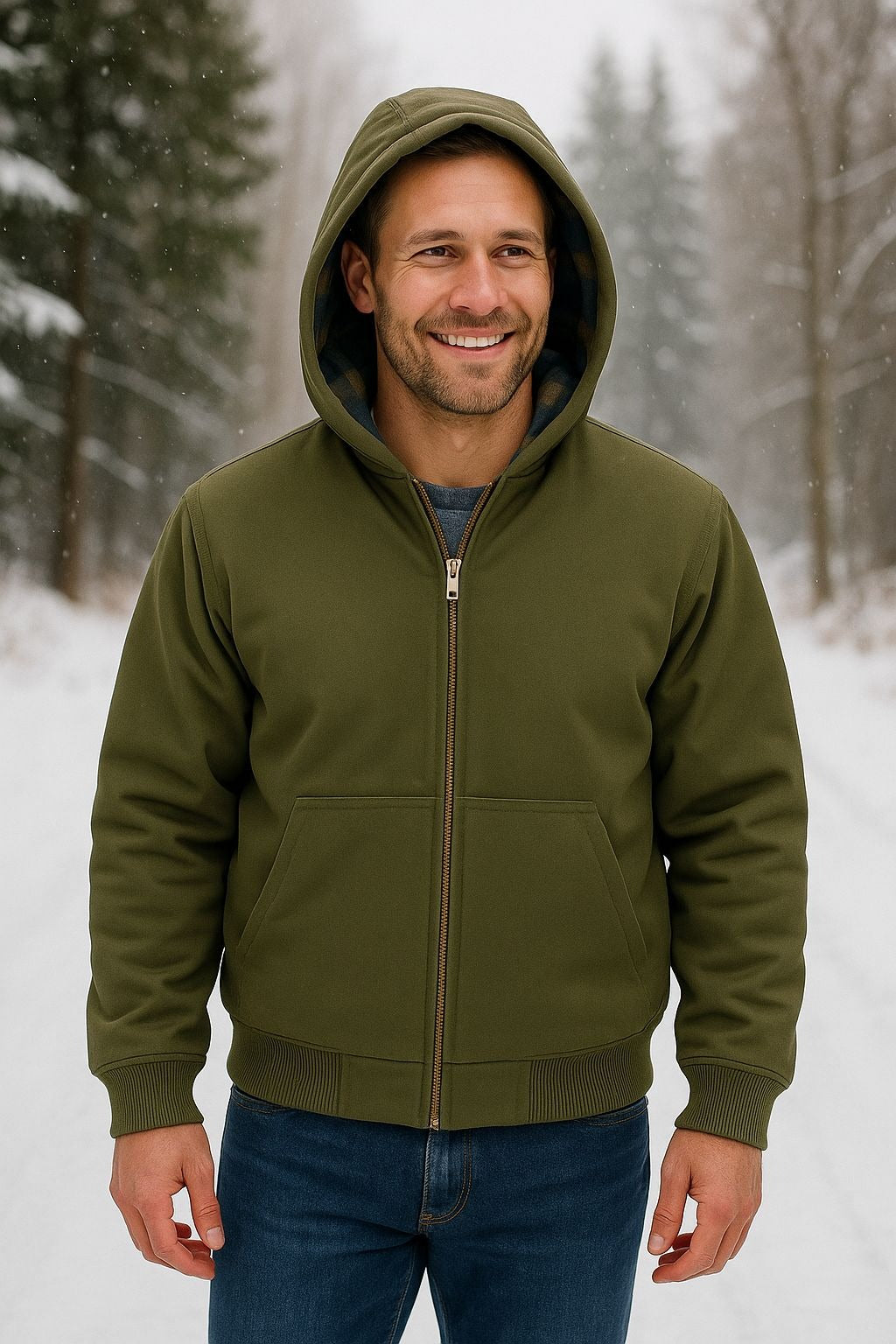 Woolrich Men's Canvas Hooded Jacket Plaid Kangaroo Pocket Zipper Hoodie Green