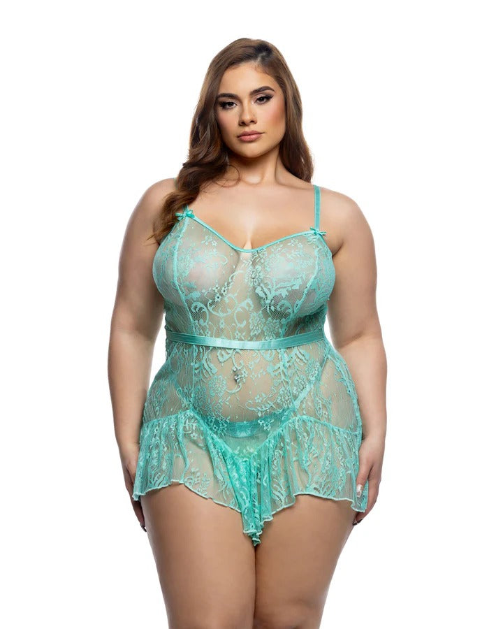 Floral Stretch Lace Lingerie Slip Mini Dress Satin Trim Bow Handkerchief Hem Sleepwear