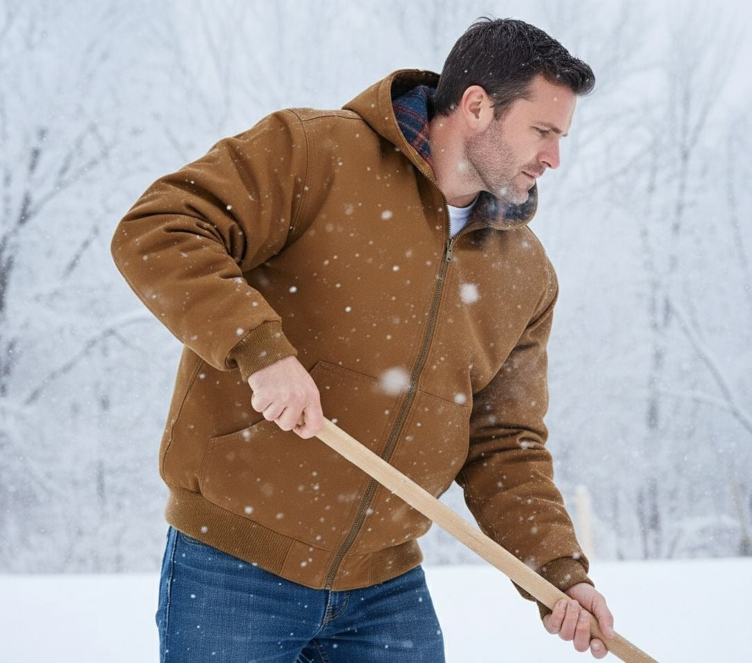 Woolrich Men's Canvas Hooded Jacket Plaid Kangaroo Pocket Zipper Hoodie Brown