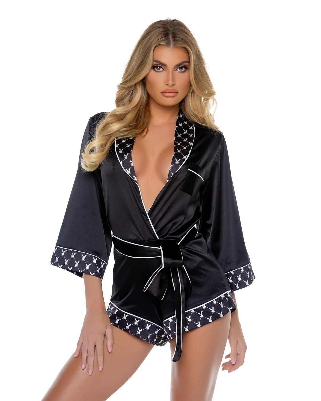 Playboy Romper One Piece Monogram Satin Adjustable Belted Sash Loungewear Shorts Outfit