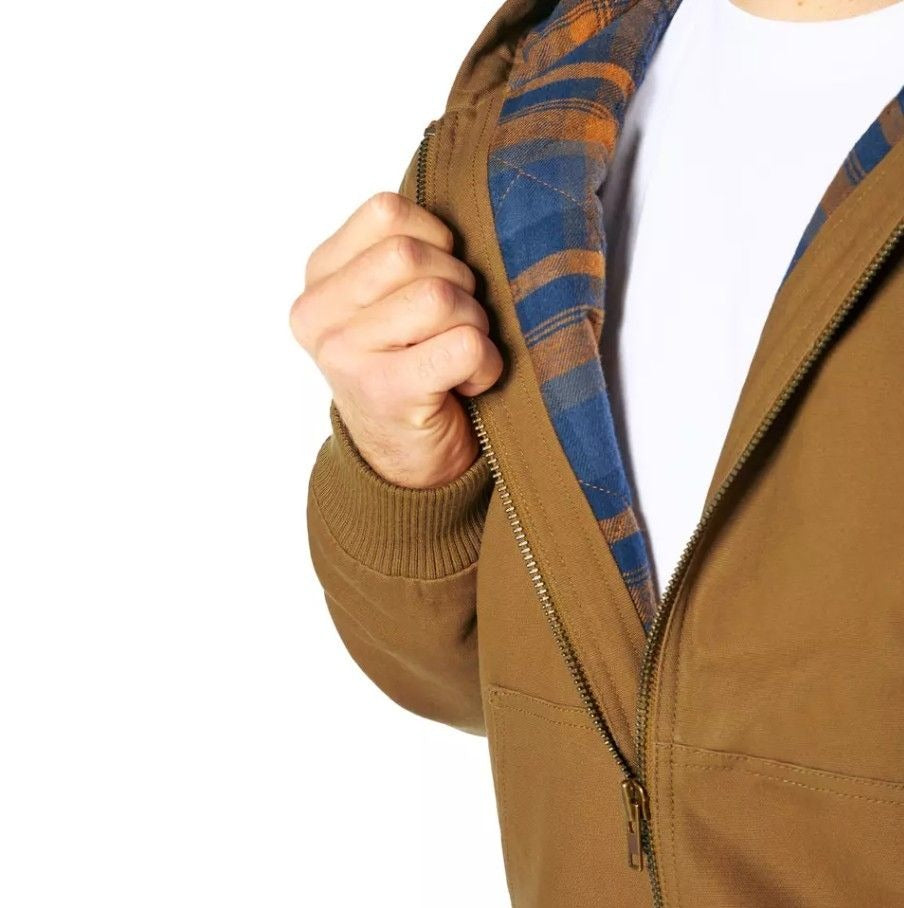 Woolrich Men's Canvas Hooded Jacket Plaid Kangaroo Pocket Zipper Hoodie Brown