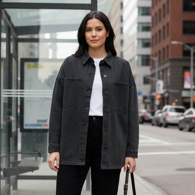 Hudson Denim Button-up Shacket Oversized Boyfriend Fit Cotton Shirt Jacket Top