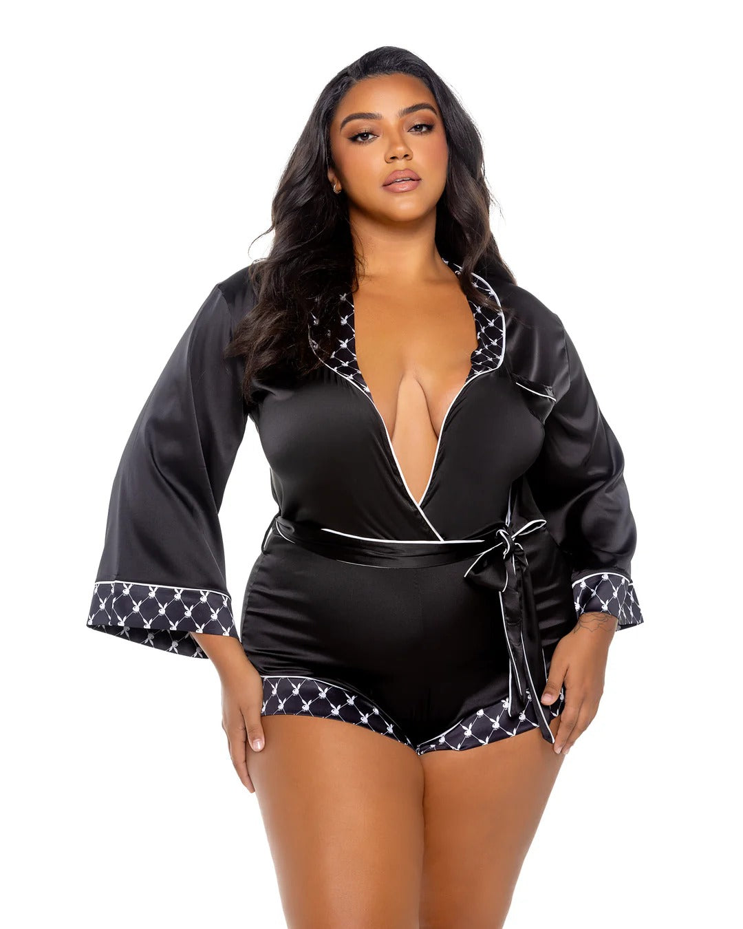 Playboy Romper One Piece Monogram Satin Adjustable Belted Sash Loungewear Shorts Outfit