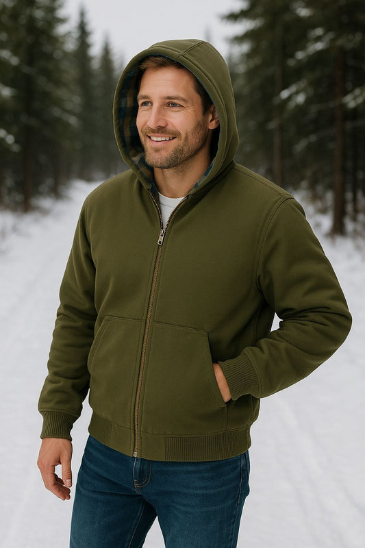 Woolrich Men's Canvas Hooded Jacket Plaid Kangaroo Pocket Zipper Hoodie Green