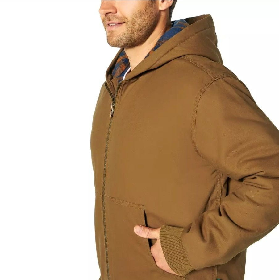 Woolrich Men's Canvas Hooded Jacket Plaid Kangaroo Pocket Zipper Hoodie Brown