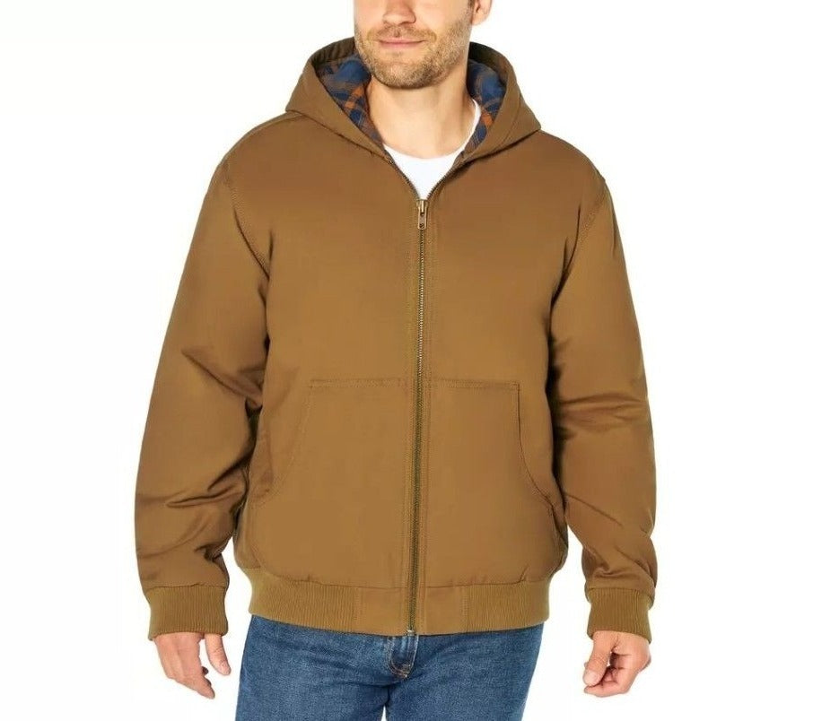Woolrich Men's Canvas Hooded Jacket Plaid Kangaroo Pocket Zipper Hoodie Brown
