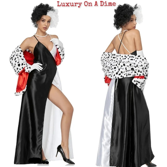 CRUELLA Dalmatians Spotted Cosplay Sexy Adult Dress Halloween Costume Party