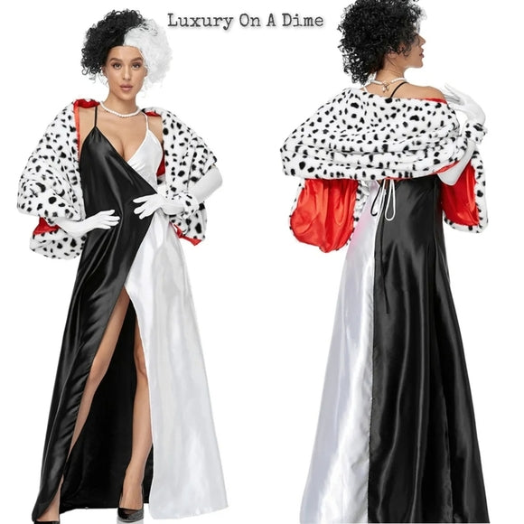 CRUELLA Dalmatians Spotted Cosplay Sexy Adult Dress Halloween Costume Party