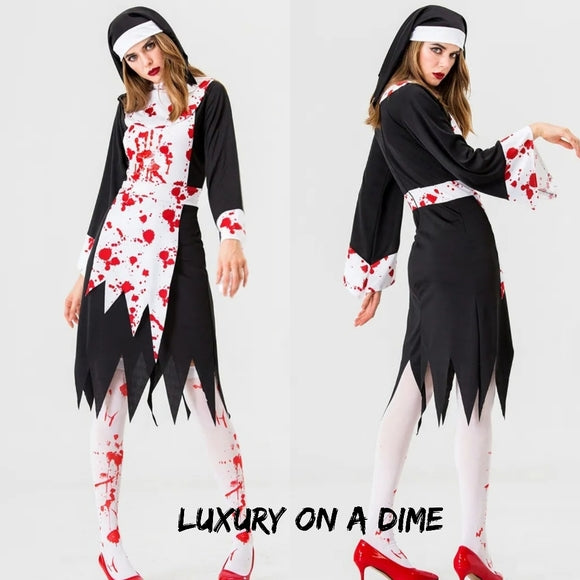 NUN Catholic Vampire Dead Demon Cosplay Dress Adult Halloween Costume Bloody