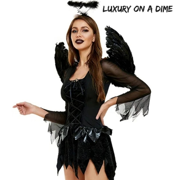 DARK Fallen ANGEL 3-piece Goth Punk Sexy Adult Halloween Costume Mini Dress