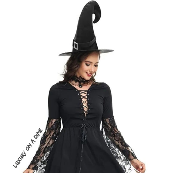 Sexy Witch Adult Woman 2 Piece Halloween Costume Hat Mini Dress Fantasy Cosplay