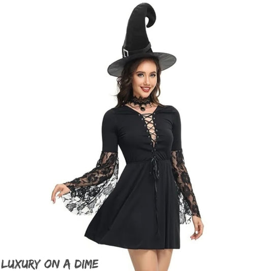 Sexy Witch Adult Woman 2 Piece Halloween Costume Hat Mini Dress Fantasy Cosplay