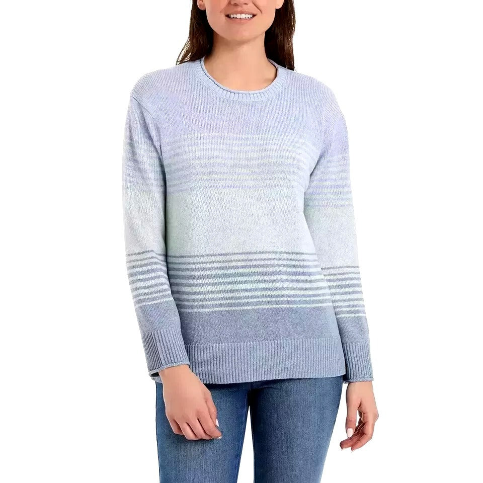 Ella Moss Knit Pullover Soft Sweater Ombre Stripe High-Low Crew Neck Top