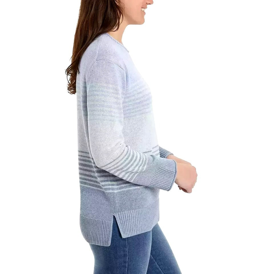 Ella Moss Knit Pullover Soft Sweater Ombre Stripe High-Low Crew Neck Top