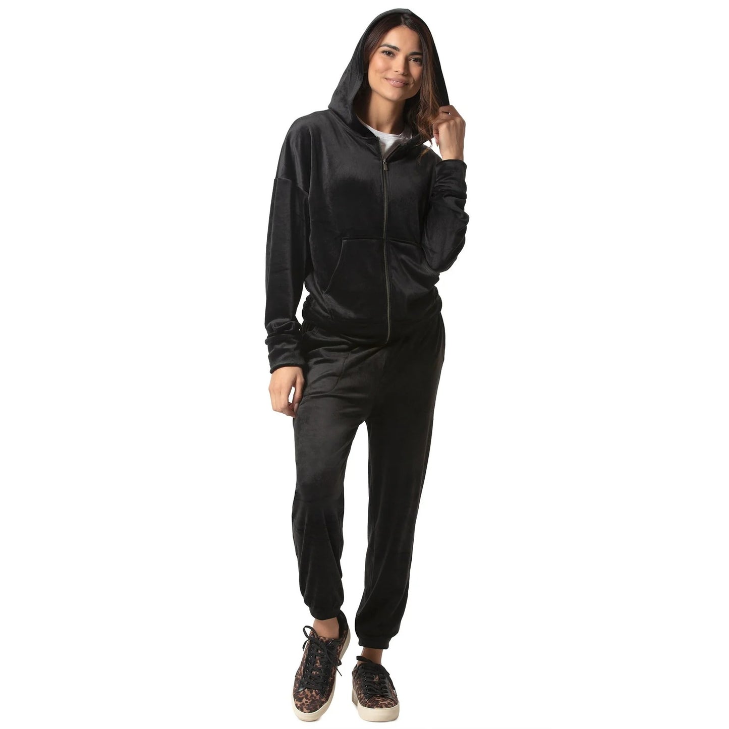 Felina 2 Piece Matching Velour Zip Hoodie Jacket Jogger Pants Set Tracksuit Black