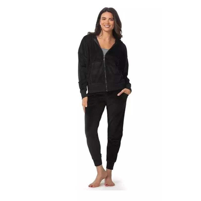 Felina 2 Piece Matching Velour Zip Hoodie Jacket Jogger Pants Set Tracksuit Black
