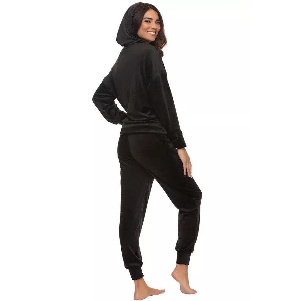 Felina 2 Piece Matching Velour Zip Hoodie Jacket Jogger Pants Set Tracksuit Black