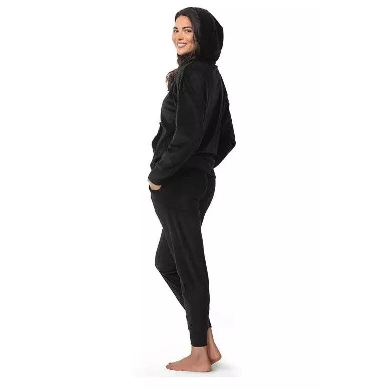 Felina 2 Piece Matching Velour Zip Hoodie Jacket Jogger Pants Set Tracksuit Black