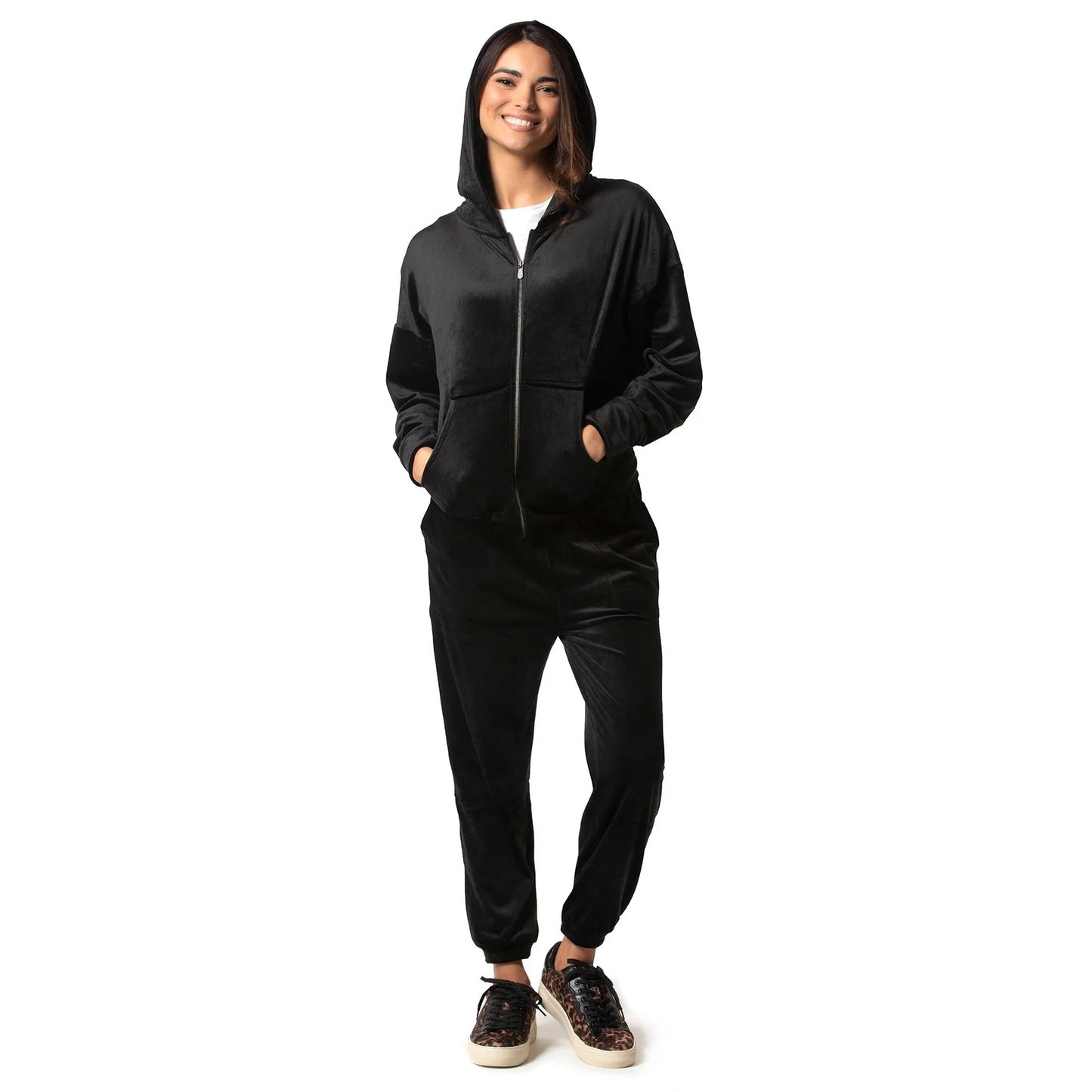 Felina 2 Piece Matching Velour Zip Hoodie Jacket Jogger Pants Set Tracksuit Black