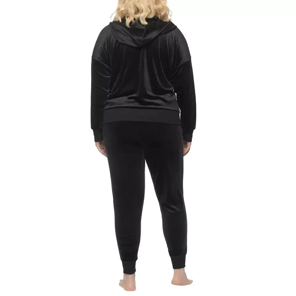 Felina 2 Piece Matching Velour Zip Hoodie Jacket Jogger Pants Set Tracksuit Black