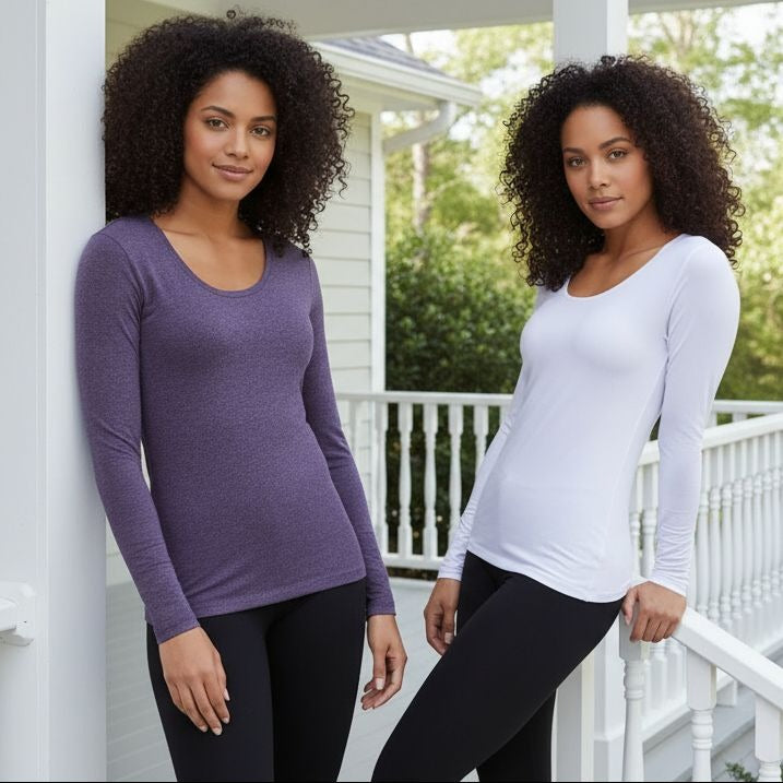 32 Degrees Heat 2 Pack Women Lightweight Long Sleeve Base Layer Shirt White Purple Top