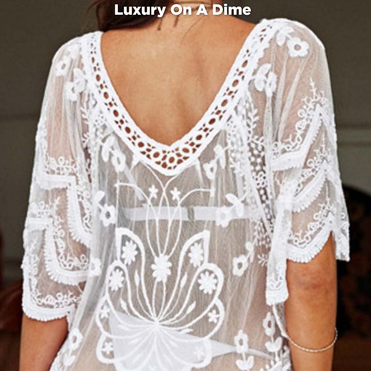 Boho Lace Swimwear Coverup Dress Retro Knee Length Elegant Sheer Swim Cover