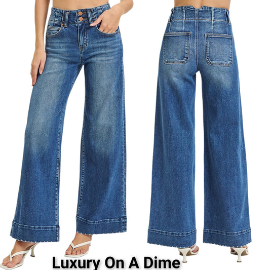 RISEN High-Rise Double Button Pants Baggy Wide Leg Detailed Seam Denim Jeans Plus Size Available