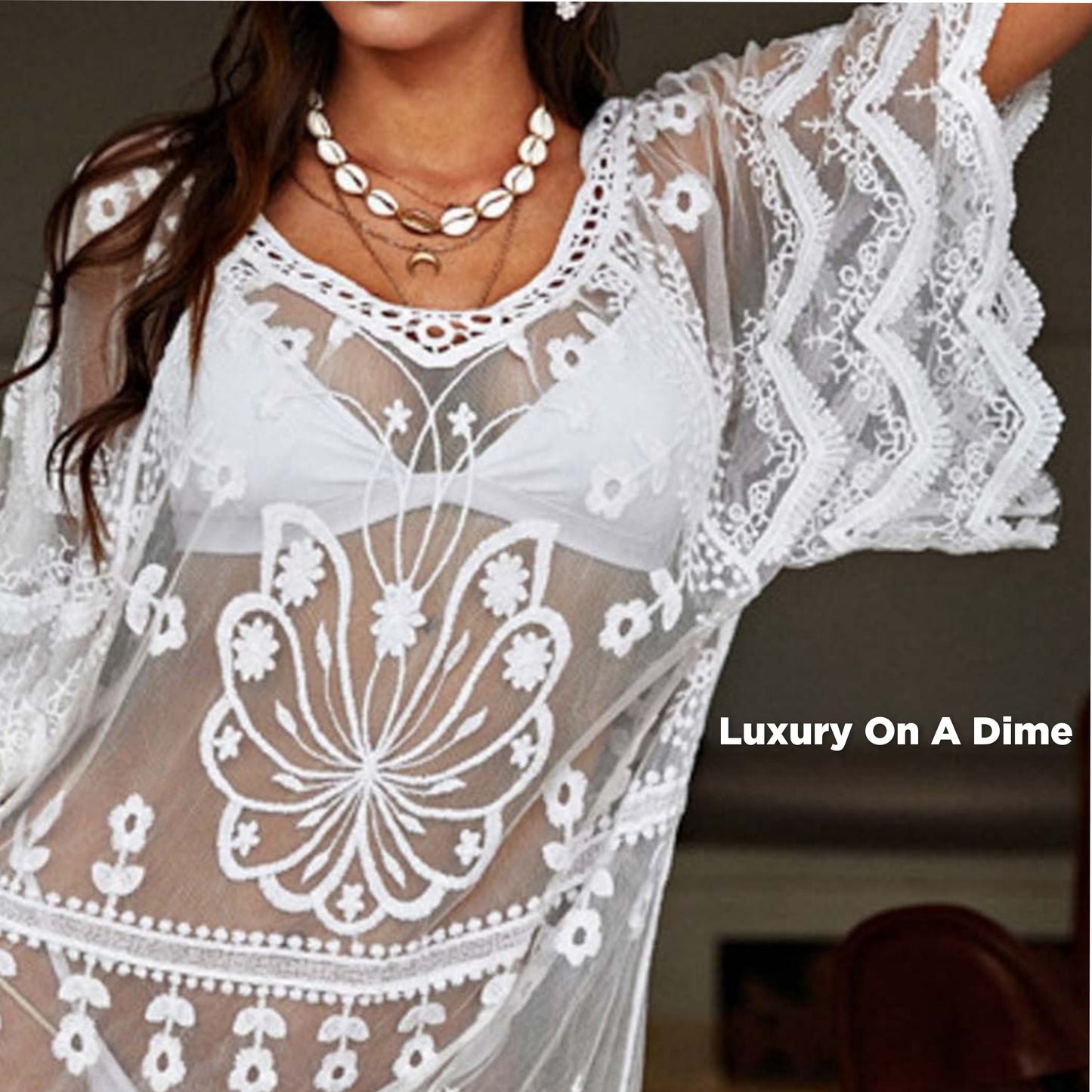 Boho Lace Swimwear Coverup Dress Retro Knee Length Elegant Sheer Swim Cover