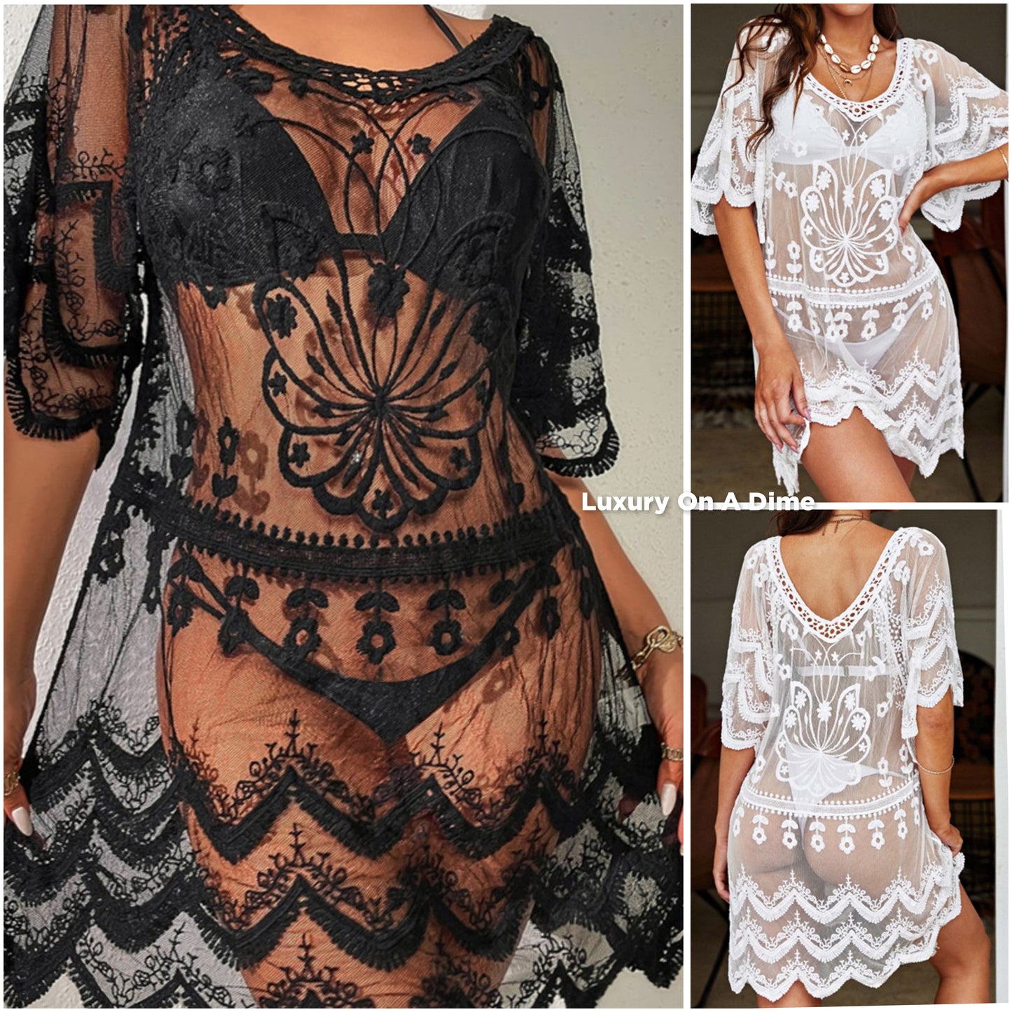 Boho Lace Swimwear Coverup Dress Retro Knee Length Elegant Sheer Swim Cover