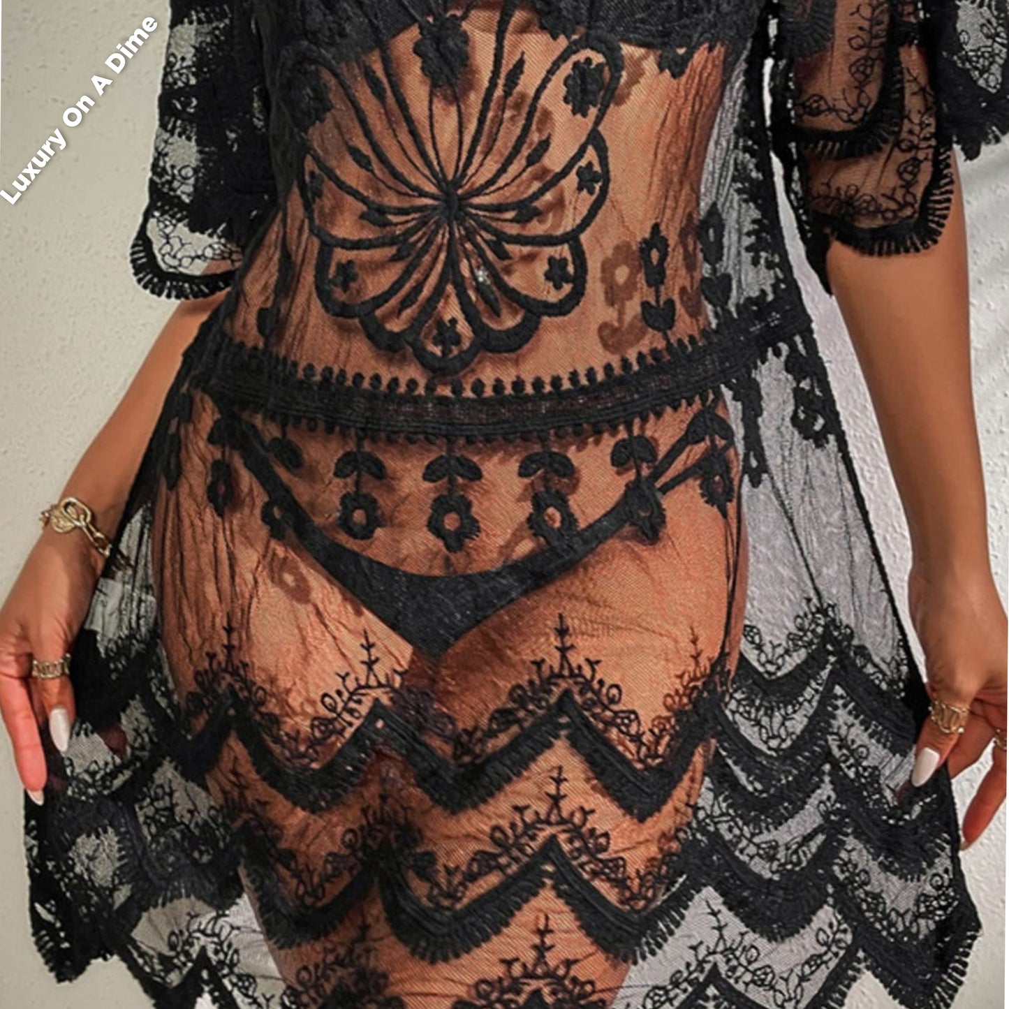 Boho Lace Swimwear Coverup Dress Retro Knee Length Elegant Sheer Swim Cover