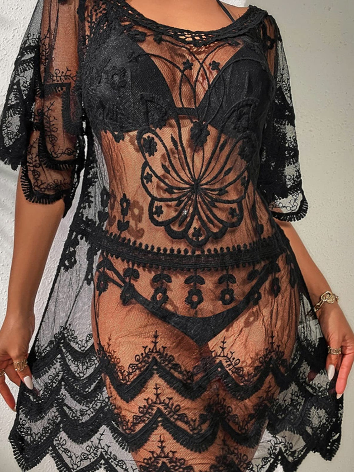 Boho Lace Swimwear Coverup Dress Retro Knee Length Elegant Sheer Swim Cover