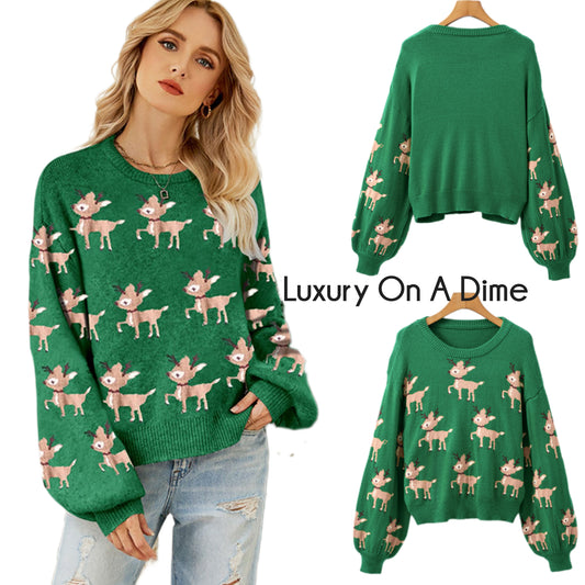 Holiday Reindeer Knit Shirt Round Neck Long Sleeve Pullover Top Christmas Sweater