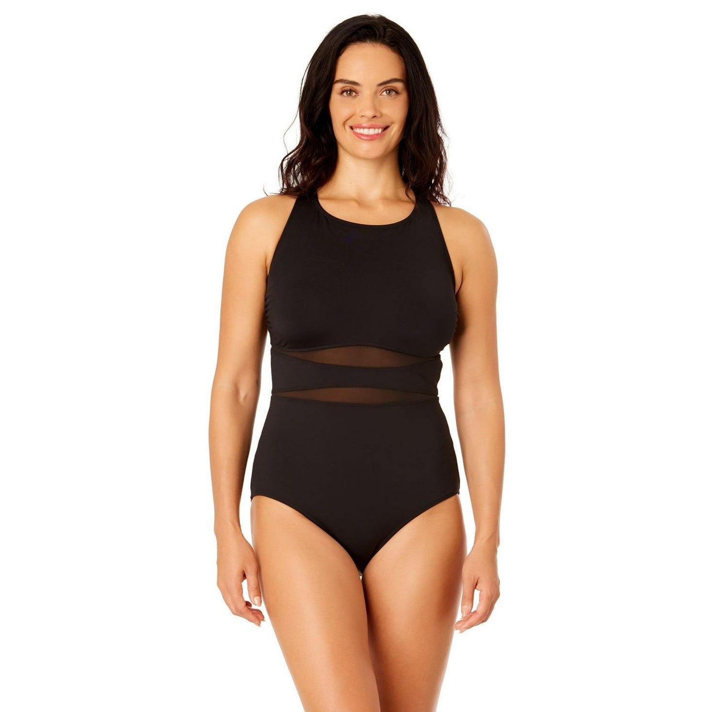 Lands' End Swimwear Mesh Swim One Piece Bathing Suit High Neck UPF 50 Black