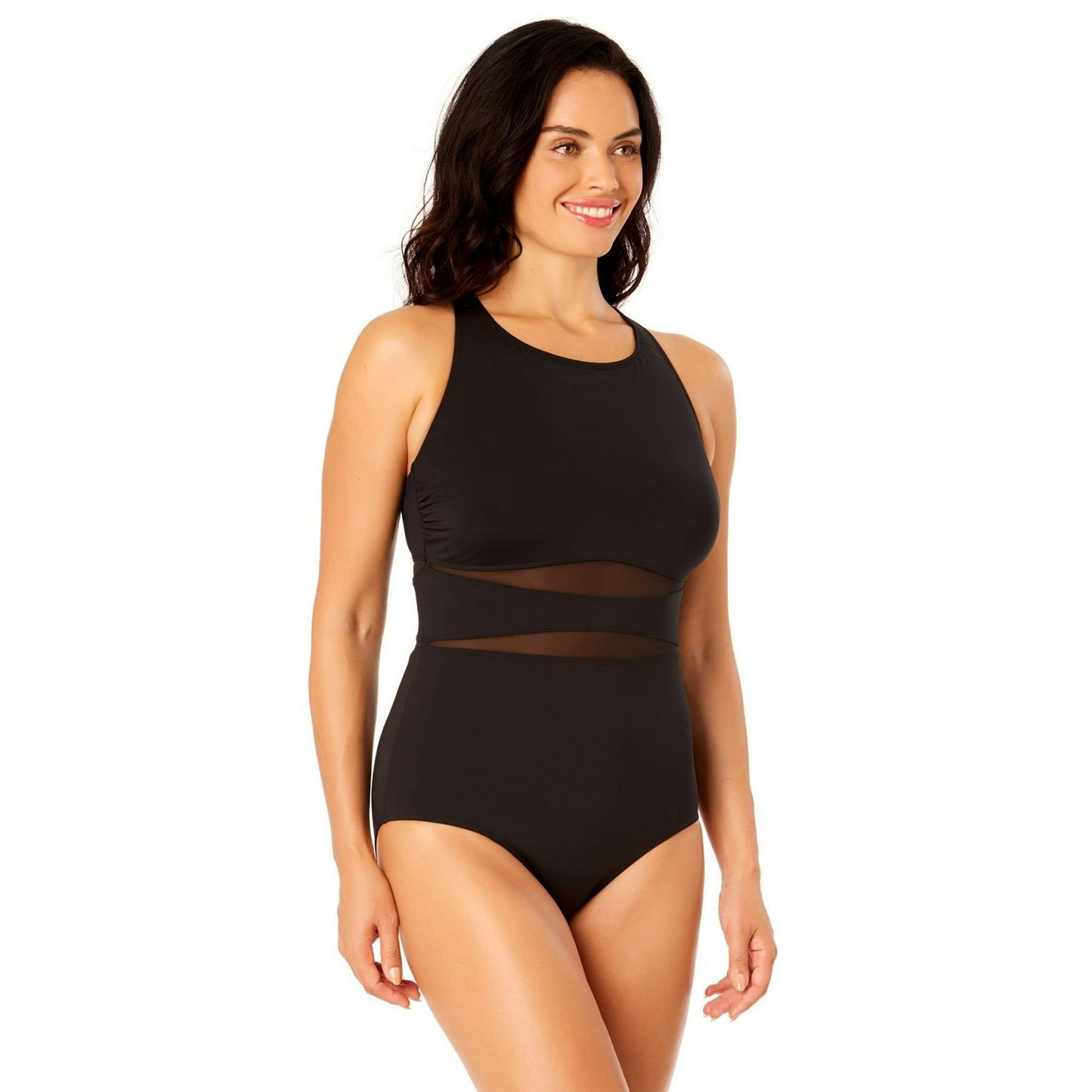 Lands' End Swimwear Mesh Swim One Piece Bathing Suit High Neck UPF 50 Black